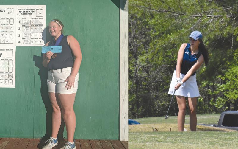 Selah Anderson (left) earned low-medalist honors Monday, firing a 76 to help lead the Lady Raiders to the championship. Camryn Fricks chips on to the green during the area tournament Monday. Camryn Fricks (right) shot a 90 to finish as HCHS’ third-highest scorer.