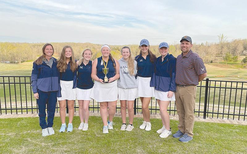 The Lady Raiders took second place at the Valhalla Cup 18-hole event at Chimney Oaks Golf Club last Monday and Tuesday. Pictured are (from left) coach Joni Blackburn, Maley Whittington, Lauren Nelson, Selah Anderson, Sydney Blackburn, Camryn Fricks, Makenna Eller and head coach Shawn Blackburn.