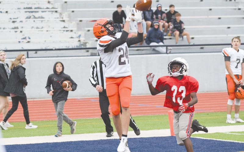 Habersham Central’s Hayden Gailey goes up for a touchdown during Wednesday’s spring scrimmage. TOM ASKEW/Special