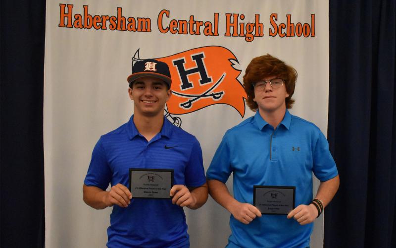 Habersham Central’s junior varsity award winners for the season were Mason Dawe (left, Offensive Player of the Year) and Logan Kay (Defensive Player of the Year). ISAIAH SMITH/Staff