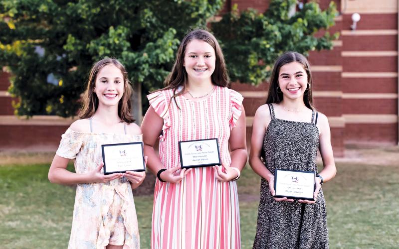 Habersham girls soccer middle school award winners are (from left) Defensive MVP Eden Turner, Most Improved Hannah Vidrine and Offensive MVP Meg LaBarbera. RAEGAN TURNER/Special