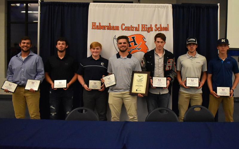 The Raider baseball team’s varsity award winners were (from left) Logan Hare (MVP, Permanent Team Captain), Azzi Cervantes (Offensive Player of the Year), Austin Jones (Pitcher of the Year), Hadden Carswell (Coca-Cola Academic Award, inaugural Hadden Carswell Perseverance Award), Nolan Ross (Zach Brown Award for Commitment, Dedication and Service), Trevor Stevens (Defensive Player of the Year) and Kaleb Chastain (Most Improved Player). ISAIAH SMITH/Staff
