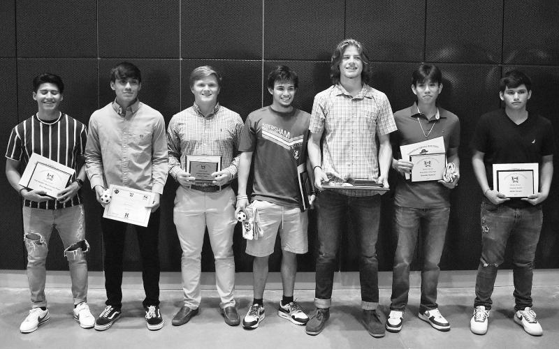Habersham Central varsity soccer award winners were (from left) Elvis Navarrete (Most Valuable Player, First-Team All Region), Jose Guillen (Jeremy Bouasy Memorial Award), Patrick Tedder (Second-Team All Region, Most Valuable Player), Angel Zavala (Second-Team All Region, Most Valuable Player), Ellis Wallace (First-Team All Region, Most Valuable Player, Coca-Cola Academic Award), Oswaldo Ramirez (Newcomer of the Year) and Adrian Zavala (Coaches Award). ISAIAH SMITH/Staff