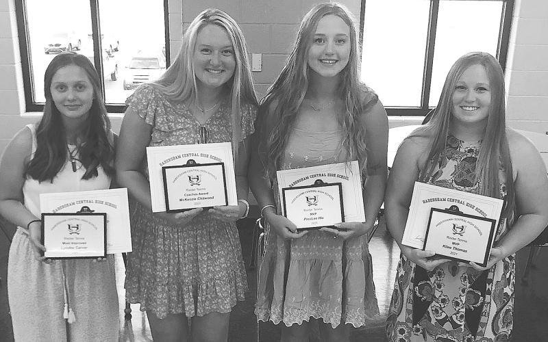 Habersham Central girls tennis team award winners were (from left) Lyndee Carver (Most Improved), McKenzie Chitwood (Coaches Award) and first doubles players PresLee Hix and Kilee Thomas (MVP).  Not pictured are middle school award winners Bailey Webb and Michaela Krippner (Most Improved), Kevin Wonders and Natalia Vera (Coaches Award) and Joshua Burris and Phoebe Warren (Coaches Award).