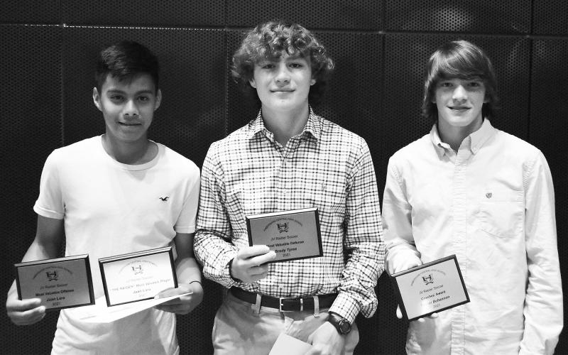 Habersham Central junior varsity soccer award winners were Juan Lara (Most Valuable Offensive Player, Most Valuable Player), Brody Tyree (Most Valuable Defensive Player) and Tucker Bohannon (Coaches’ Award). ISAIAH SMITH/Staff