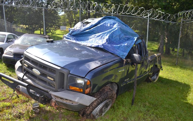 The F-350 driven by Chance Oxner was in bad shape after the wreck Monday night on Camp Creek Road. MATTHEW OBSORNE/Staff