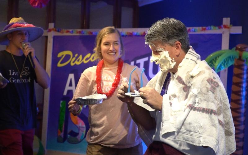 Rev. Keith Cox gets a pie in the face from Director of Children’s Ministry Courtney Young at a Clarkesville First United Methodist Church event. CLARKESVILLE FIRST UNITED METHODIST CHURCH/Submitted