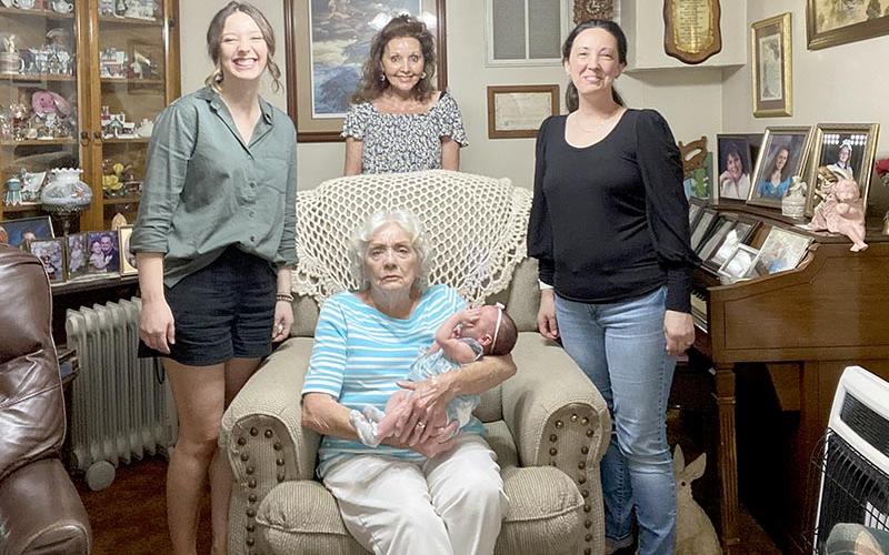 Joan Bailey sits with new great great granddaughter Johana Lynch, along with great  granddaughter Shelby Lynch (left), daughter Terrie Stockton and granddaughter Misty Baird.