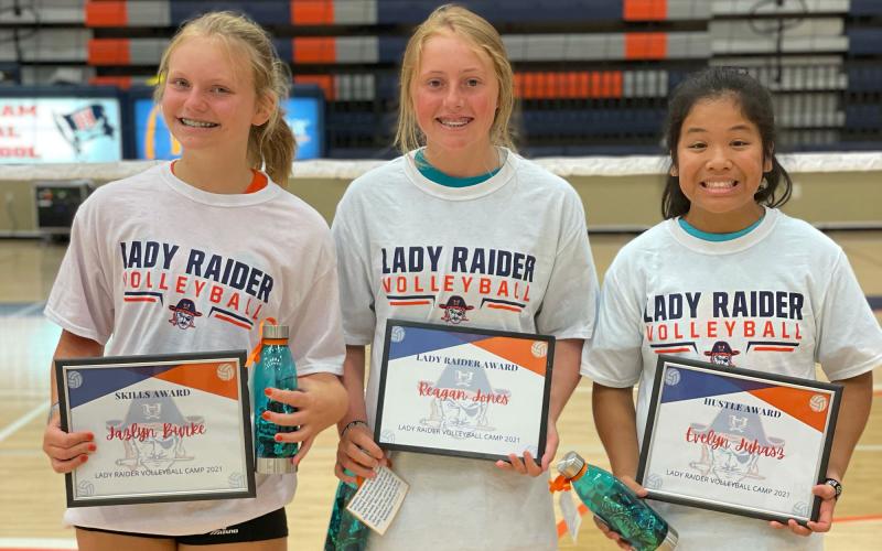 Winners in the 12-and-up age group were (from left) Jazlyn Burke (Skills Award), Reagan Jones (Lady Raider Award) and Evelyn Juhasz (Hustle Award).