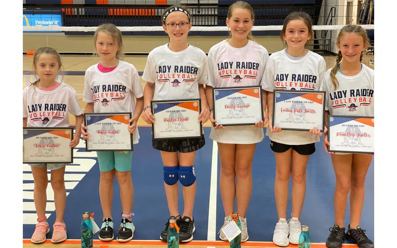 The Lady Raider volleyball camp handed out awards last Friday in several different categories. In the 7-11 age group, winners were (from left) Lexie Foster (Hustle Award), Katie Foster (Lady Raider Award), Karlee Cheek (Skills Award), Emily Savage (Skills Award), Emma Kate Smith (Lady Raider Award) and Brantley Gunter (Hustle Award).