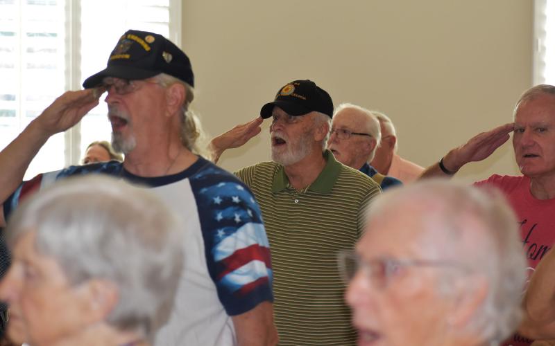 Local veteran Jerry Lewis’ voice carried over everyone’s during the “Star-Spangled Banner” at the Northeast Georgia Brotherhood of Veterans &amp; Patriots breakfast on Saturday morning. MATTHEW OSBORNE/Staff