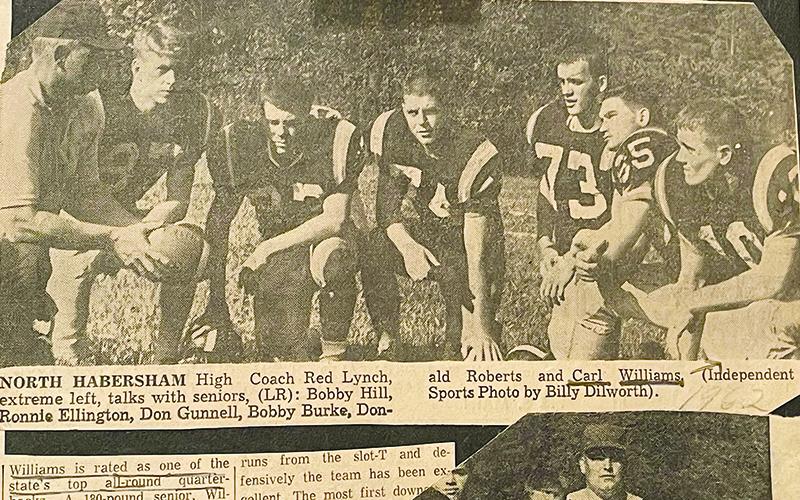 Howard Williams kept this photo from the Atlanta-Journal Constitution in his scrapbook of North Habersham coach Red Lynch talks with seniors (from left) Bobby Hill, Ronnie Ellington, Don Gunnel, Bobby Burke, Donald Roberts and Carl Williams.