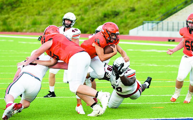 Habersham Central’s Carson Parker dives in for the Raiders’ only touchdown during Friday’s scrimmage. TOM ASKEW/Special