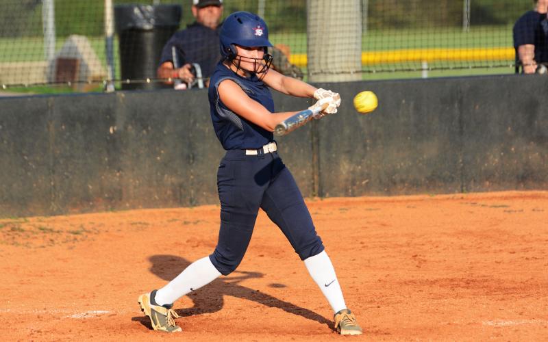 Habersham Central’s Crystal Langley rips a hit during the Lady Raiders’ game at Franklin County on Monday. SHANE SCOGGINS/CNI News Service