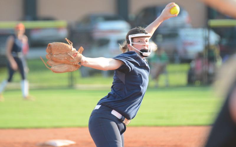 Habersham Central’s Emma Forrester fires to the plate Monday night against Franklin County. SHANE SCOGGINS/CNI News Service