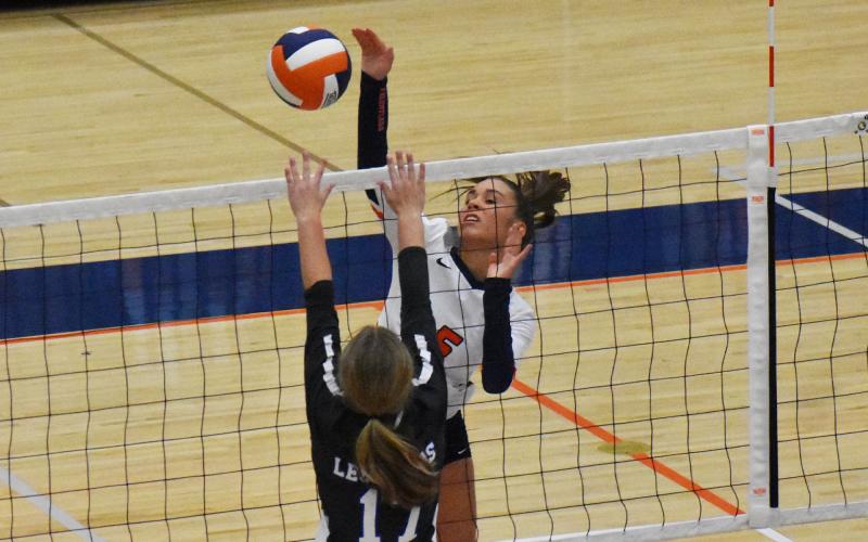 MaryKate Bush comes up with a strong spike during the Lady Raiders win over Banks County last Thursday, Sept. 16. CODY ROGERS/Staff