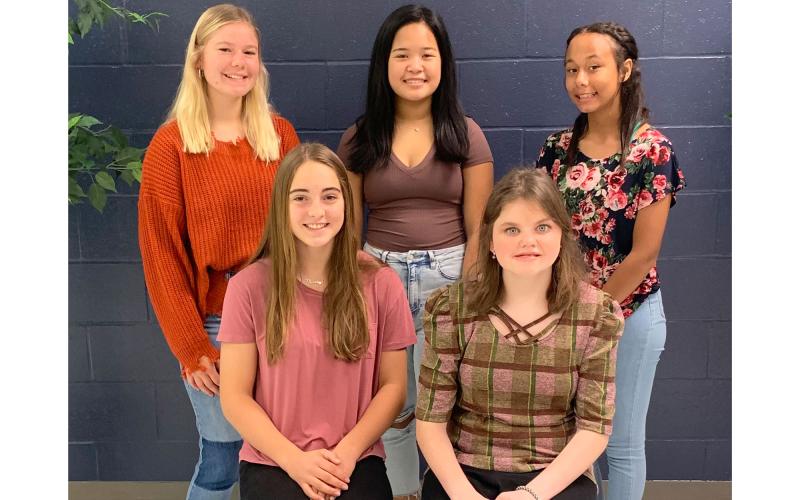 Members of the 9th Grade Homecoming Court are (back row, from left) Ashlyn Graham, Jenessa Chanseri and Tiara Turk. Front row are (from left) Molly Tipton and Alana Adams. LORI GARY/Submitted