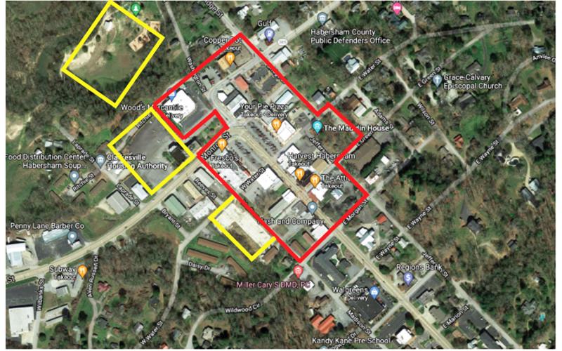 The areas marked in red include the new Clarkesville entertainment district, while the yellow areas are for special permitting for specific events. KEITH DICKERSON/Submitted
