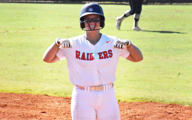 Landry Kelley celebrates after her sixth inning RBI-single. CODY ROGERS/Staff