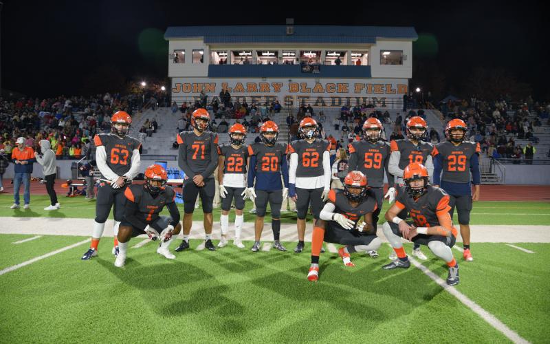(From left) Ryan Jones, Sirmarcus Burney, Brandon Smith, Gavin Martin, Brennon Clouse, Dylan Kassman, Zane Hester (59), Cole Gragg, Tony Bermudez, Alex Aaron (squatting front, second from left) and Jonathan Adams had their backs.TOM ASKEW/Special
