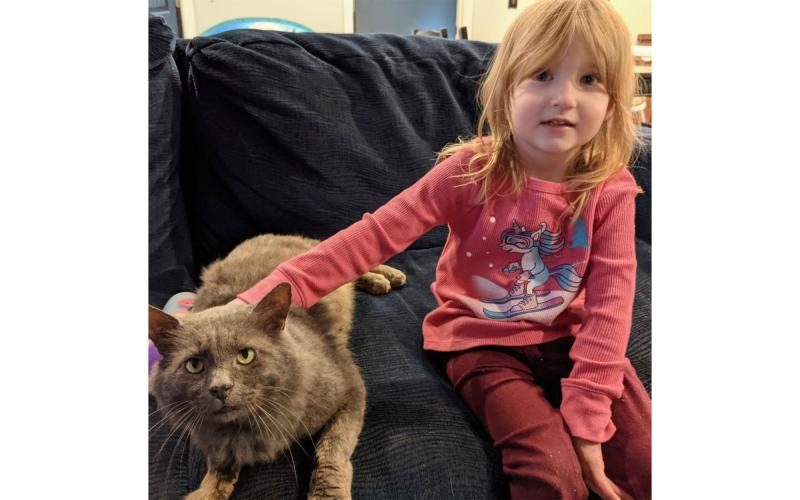 Jessica McNew’s daughter Wattson McNew sits beside the family cat Klaus.