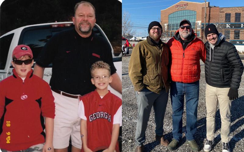 Bill Gresham and his sons Joseph and Jackson have been going to Georgia games for a long time, going back to 2004 (left photo) and all the way up to Monday night in Indianapolis (right photo). E. LANE GRESHAM/Submitted