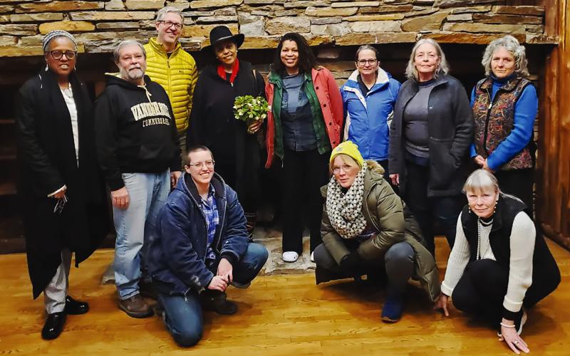 Habersham County Historical Society Executive Director Audrey Davenport, HistoriCorps volunteers Rick Brandau, Todd Cushman, HCHS guest presenter Doris Davenport, HistoriCorps volunteer Takia Gaylord, HistoriCorps volunteers Cyndi Brandau and Maggie Hayes-Cook, HCHS Treasurer Debby Satterfield, HistoriCorps Crew Leader Erin Crooks, HistoriCorps Project Supervisor Ariel Clark &amp; HCHS Museum Docent Olga Vyrjikovskaia gathered for fellowship during their welcome at the Community House in Cornelia on Tues. night