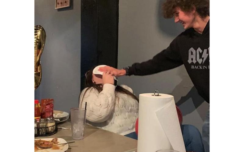 Maddox gets pied in the face by friend Jackson Cribbs. MELANIE KINSEY/Submitted