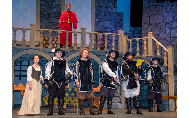 Sabine (Lexie Partain), Aramis (Hunter Reum), D’Artagnan (Garrett Smith), Athos (Carson Letner), Porthos (understudy Dom Fox) and a guard (Tucker Cochran) are shown during a rehearsal of Piedmont University’s production of “The Three Musketeers.” The show will run Feb. 17-20 at the Swanson Center Main Stage. KIMBERLY BROWN/Staff