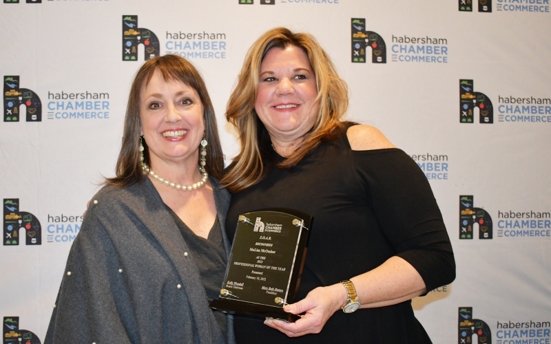 E. Lane Gresham presents the S.O.A.R. Professional Woman of the Year award to MaLisa McOmber (right). BRIAN WELLMEIER/Staff