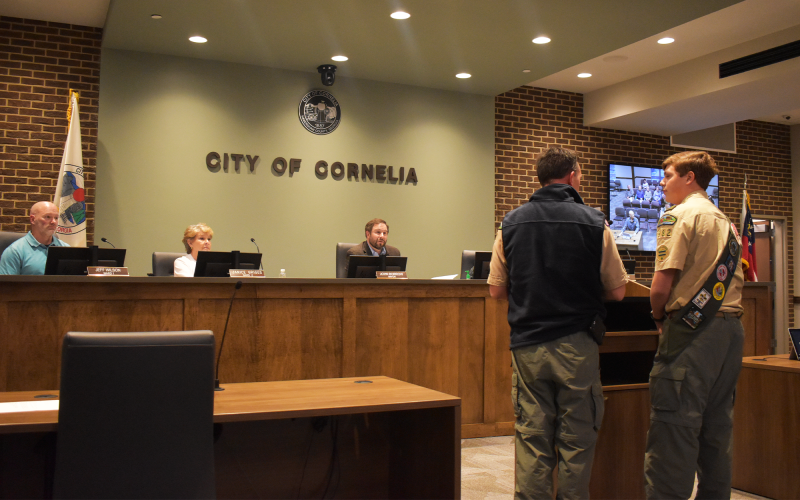 Scout Evan Boyd and his father Marty propose an Eagle project to the Cornelia City Commission on Monday night. AMARIS E. RODRIGUEZ/Staff