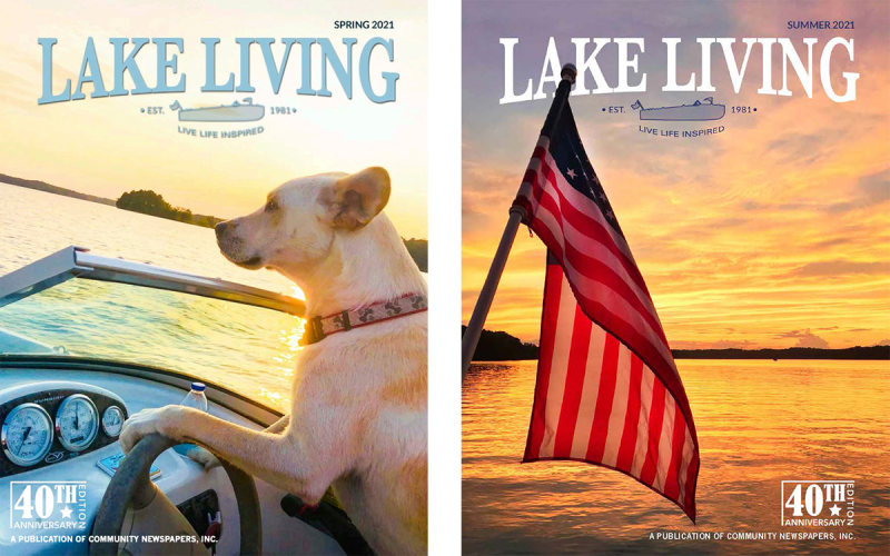 Left photo: Taken by Ed Blackburn of Hart County, His dog, Lincoln, "driving" a boat on Lake Hartwell. Right photo: Taken by Anna Welch of Hart County. A breathtaking sunset with an American flag over Lake Hartwell.