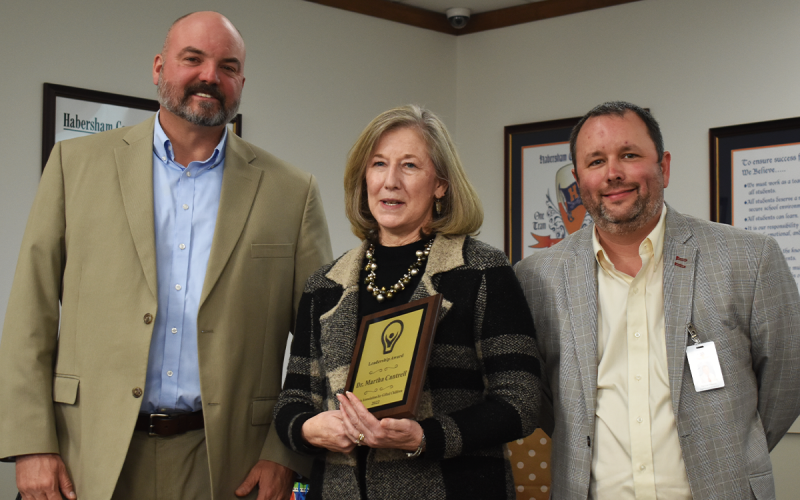 Shown (from left) Habersham County Superintendent Matthew Cooper, Dr. Martha Cantrell, and Director of Elementary and Secondary Curriculum Patrick Franklin.  AMARIS E. RODRIGUEZ/Staff