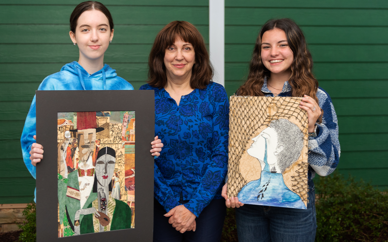 Tallulah Falls’ middle school art winners were (from left) Sarah Morris of Cornelia, art teacher Cat Schappach and Amari Ernst of Sautee. E. LANE GRESHAM/Submitted