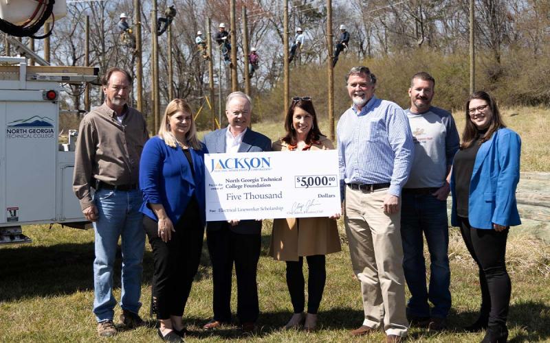 Pictured are (from left) Rob Rowland, NGTC Electrical Lineworker Instructor; Kelly Grizzle, Jackson EMC Director of Talent Acquisition and Employment; John Wilkinson, NGTC President; Amy Hulsey, NGTC Vice President of Institutional Advancement and Marketing; Brett Hurst, Jackson EMC Gainesville District Operations Superintendent, Engineering and Operations; Jason McElwaney, NGTC Electrical Lineworker Instructor; and Michelle Oglesby, NGTC Dean of Academic Affairs. AMY HULSEY/Submitted