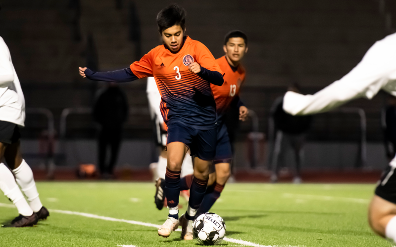 Habersham Central’s Juan Lara gains control of the ball near midfield against Lanier on Feb. 18. RAEGAN TURNER/Special
