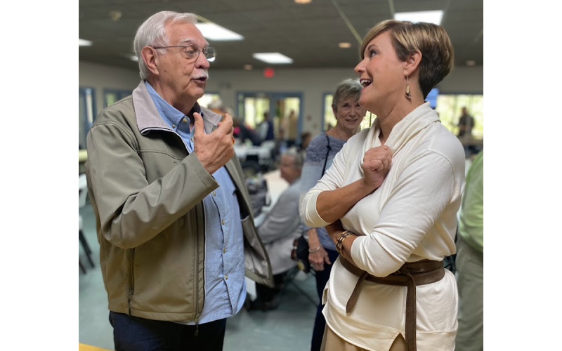 Habersham County Manager Alicia Vaughn (right) chats with James King at a recent event at the Senior Center. CAROLYN GIBSON/Submitted
