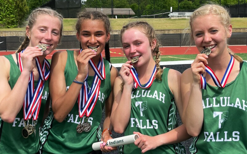 Tallulah Falls’ Macy Murdock, Julianne Shirley, Molly Mitchell and Caroline Ball won the 4x400 relay at the Area 6 championships. TFS ATHLETICS/Submitted