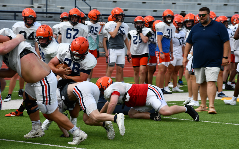 Then they moved on to live hitting to see where everybody stood on Day 1 of spring practice. MATTHEW OSBORNE/Staff