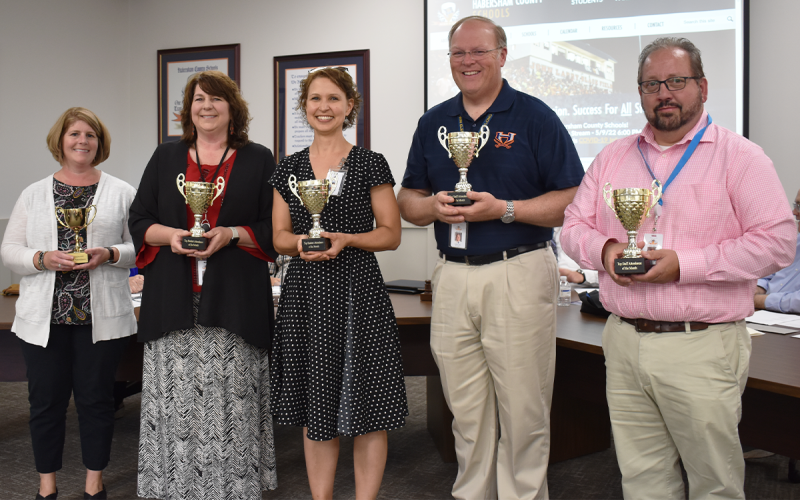 Pictured (from left) are Clarkesville Principal Georgia Pitts, South Habersham Middle School Principal Daphne Penick, Level Grove Elementary Principal Dr. Susan Davis, Baldwin Principal Rodney Long, and Habersham Success Academy Principal Ernie Garrett. AMARIS E. RODRIGUEZ/Staff