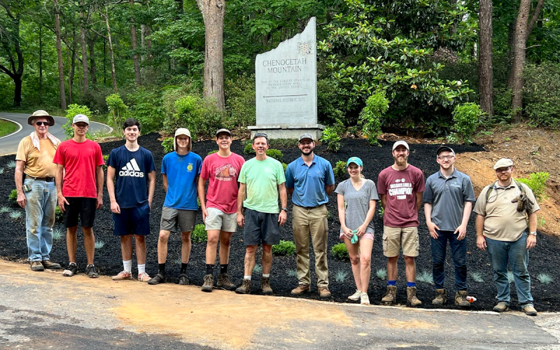 Evan Boyd brought a team to work on his Eagle Scout project at Chenocetah Tower. From left are Steve Brinson (Evan’s grandfather); Connor Zboran, Nick Borgia, Connor Skellums and Evan Boyd of Troop 582; Marty Boyd, Assistant Scoutmaster for Troop 582; Kenny Miller, Morgan Arnold, Sam Stewart and Issac St. Claire, employees of Carter &amp; Sloope, Cornelia’s consulting engineering firm, who volunteered to help by donating a day of service to the City and to help Troop 582 with the project. MARTY BOYD/Submitted
