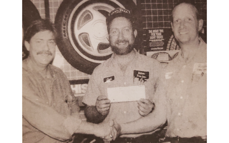 Clark Sutton (center) is shown with his brother Brian (right) and a salesman in the late 1980s. Clark is the current owner of Sutton Tire and plans to retire and leave the business to his daughter and son in law.