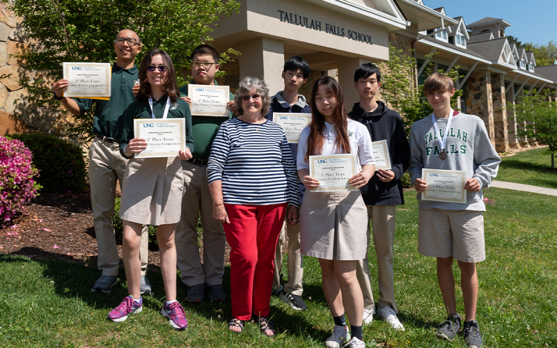 Shown are (back row, from left) Ziong, Tang, Jerry Sang, Jason Sang and Bailey; front row are (from left) Massey, Linda Harris and Wang. E. LANE GRESHAM/Tallulah Falls School