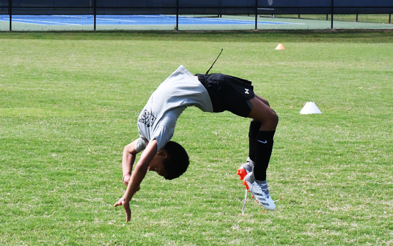 Coaches at the Raider Soccer Academy encouraged their campers to celebrate goals this week, and Brooks Powell did that and then some with this epic backflip after scoring one of his own. MATTHEW OSBORNE/Staff