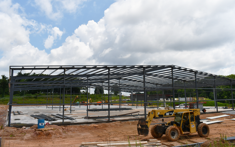 Steel frames of developer Don Higgins’ spec building have been erected on Lot 8 in the  Airport Industrial Park – a potential high revenue source for Baldwin in the coming years. BRIAN WELLMEIER/Staff