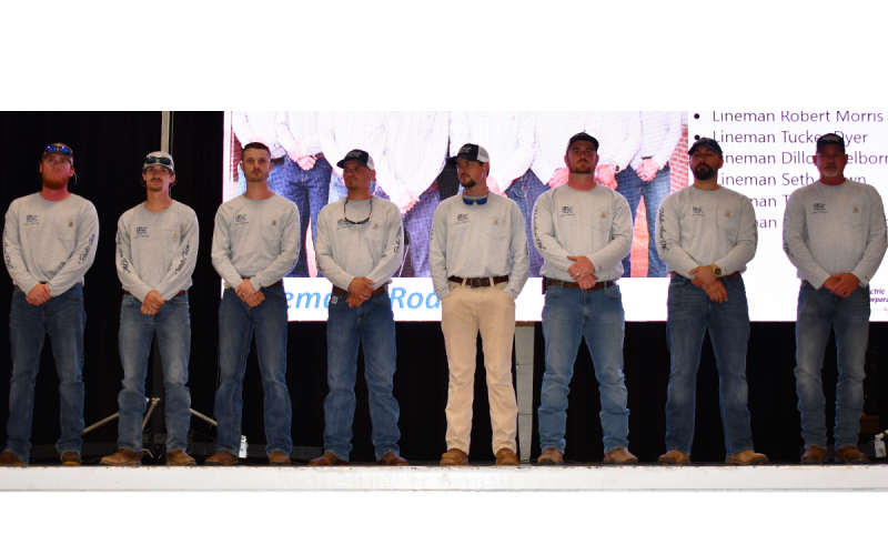 A team from Habersham EMC will compete in the National Lineman’s Rodeo in Kansas City later this summer after placing second in Georgia competition earlier this month. Linemen are (from left) Chase Dunahoo, Trent Wall, Seth Brown, Dylan Welborn, Tucker Dyer, Robert Morris, along with coaches Ian Lingerlfelt and Chris Chapman. MATTHEW OSBORNE/Staff