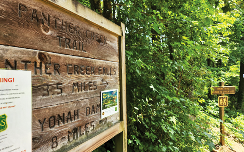 The entrance to the trail has posted warnings about its still precarious nature. The trail for now is labeled as difficult due to missing bridges and unstable footing in some areas. Prior to the damage, it was considered intermediate. JENNIFER RAMSAY/Staff