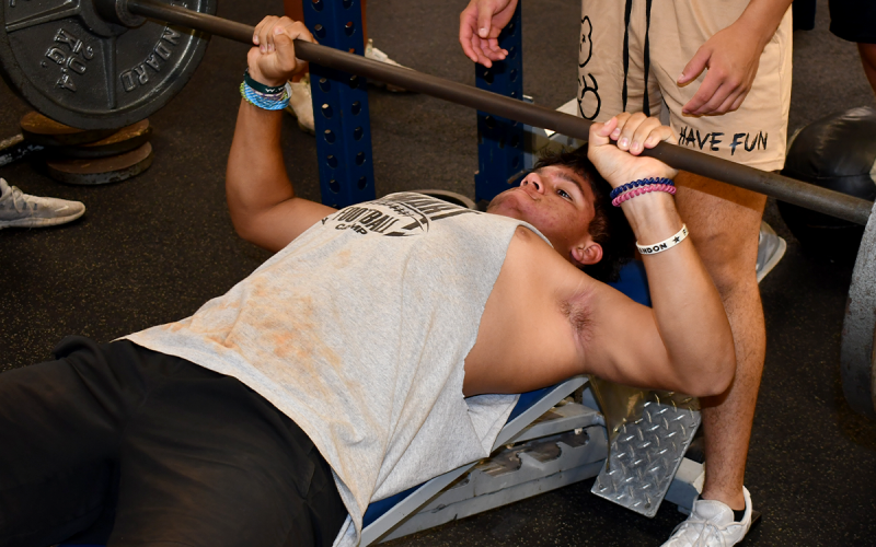 Habersham Central’s Alex Ethridge works on his bench press before practice Thursday morning. MATTHEW OSBORNE/Staff