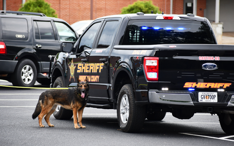 Roxy, the award-winning Habersham Sheriff’s Office explosives K9, went through all the computer labs at North Georgia Tech on Monday and found nothing. MATTHEW OSBORNE/Staff