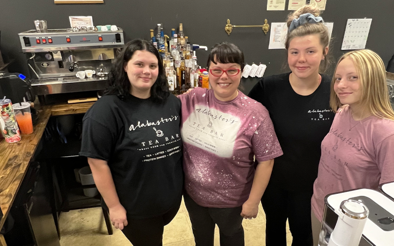 Shown from left are Nylah McDonald, owner Dana Pardue, Gracie Johnson, and Savana Miller of Alabaster’s Tea. AMARIS E. RODRIGUEZ/Staff